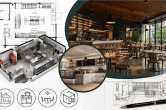 design commercial kitchen floor plan, restaurant interior, cafe 3d rendering