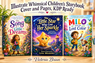 illustrate a whimsical childrens storybook cover and pages, KDP ready