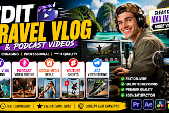 edit travel vlog, podcast video editing, social media reels, youtube shorts, ads