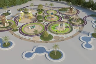 render 3d playground masterplan,3d kids park design,campground resort cgi visual