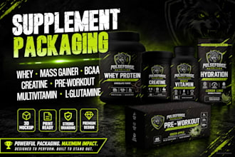 design whey protein, preworkout, creatine, and supplement packaging