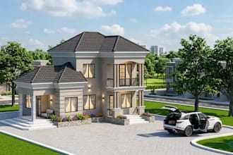 do modern house exterior villa facade and realistic 3d front elevation rendering