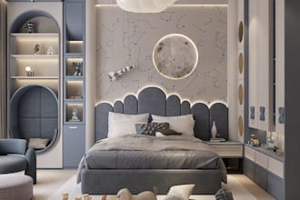 modern 3d indoor kids room,cozy children bedroom,space theme,playing room render