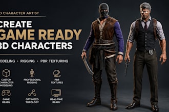 create game ready 3d character models with rigging, pbr textures using blender