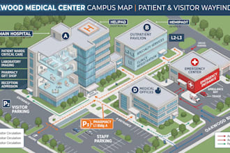 design medical center map, building layout, hospital wayfinding map, master plan