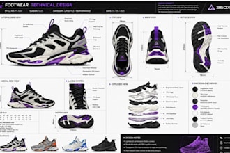 design shoe tech pack, sneakers, heels, loafers, boots for manufacturing