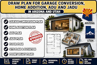 draw plan for garage conversion, home addition, adu and jadu in arizona and utah