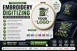 convert logo into embroidery digitizing file dst, pes, vp3, jef, emb in 1 hour