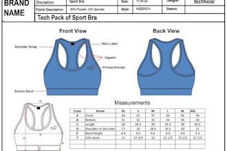 create sports bra tech pack for activewear, gymwear and clothing brands