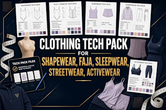 design clothing tech pack for shapewear, faja, sleepwear, streetwear, activewear