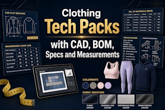 create clothing tech packs with cad, bom, specs and measurements