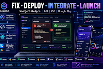 fix emergent sh app bugs, deployment errors, API, ios google play store