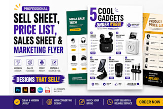 design product sell sheet, price list design product sales sheet marketing flyer