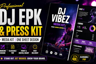 design PDF dj media kit, press kit design, artist epk dj press kit press release