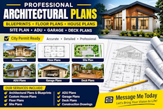 architectural plan, blueprints, floor plans, house, site plan, adu, garage, deck