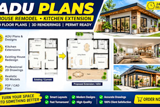 design adu plans, kitchen extension and house remodel drawings