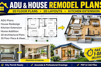 create adu plans, remodel and kitchen extension drawings 2d 3d