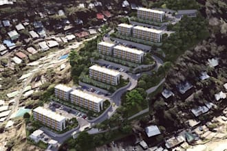 remodel hillside residential development, terraced apartment blocks, layout plan