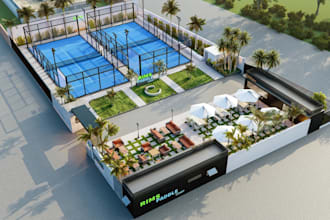 design pickleball court club,sport court layout,outdoor café seating,padel arena
