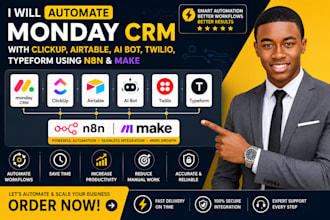 automate monday CRM with clickup airtable ai bot twilio typeform using n8n make