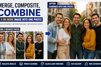 merge , composite, combine 2,5 or more image into one photo
