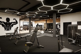 design 3d gym layout,garage to homegym,open plan fitness center,interior render