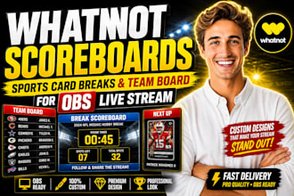 design whatnot scoreboard, sports card breaks and team board for obs live stream