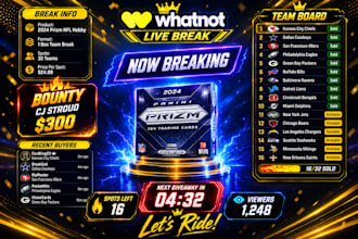 design whatnot scoreboard, sports card breaks and team board for obs live stream