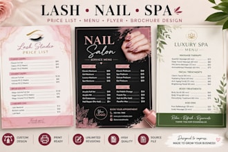 design lash salon price list, manicure salon flyer, spa menu price list brochure