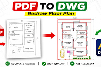 redraw floor plan, create 2d floor plan and convert PDF to dwg in autocad