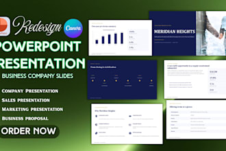 redesign powerpoint presentation, business brochure, company slides, sales deck