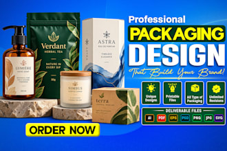 do product label packaging design, box, bottle, and pouch design
