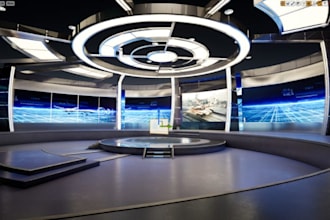 design a 3d TV studio for news broadcast and virtual production