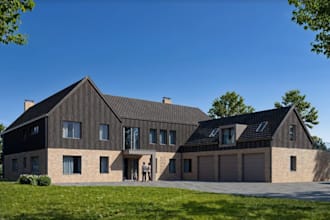 revitalize modern farmhouse, garage home render, brick facade, gabled roof plan