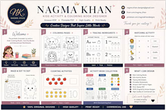 design kids activity book, worksheet and learning activities