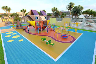 3d outdoor kids playground,resort area,teepee playhouse,recreational park render