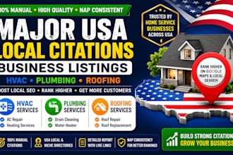 create major manual USA local citations for hvac plumbing roofs business listing