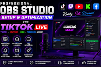 professionally set up obs studio for tiktok live with scenes, overlays and alert
