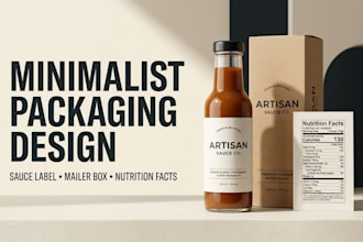 do minimalist bottle sauce label, mailer box nutrition facts packaging design