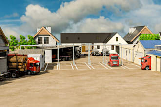 render3d truck charging hub,warehouse exterior design,transit center,cgi carport