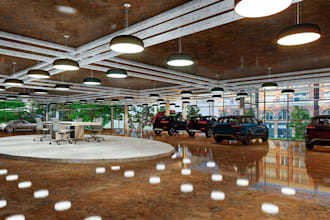 design a cgi 3d vehicle display area, car showroom, ev showroom, showroom layout