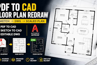 redraw floor plan, convert PDF to cad dwg, and hand sketch to cad with scale