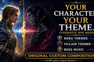 create a cinematic heroic villian theme song video game music, rpg character