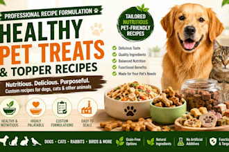 formulate healthy treat and topper recipes for dogs and cats and other animals