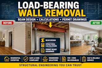 design load bearing wall removal, structural calculations and permit drawings