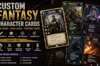 design fantasy character cards, rpg cards hero cards, creature cards, card decks