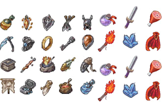 create pixel icon, UI, hud, gui icons and inventory assets for pixel art game