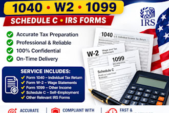 prepare us tax filling, 1040, w2, 1099, schedule c and irs forms