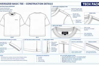 create a production ready clothing tech pack and flat sketch for production