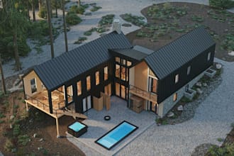 rebuilt luxury forest cabin,residential exterior,eco villa,sketch into 3d visual